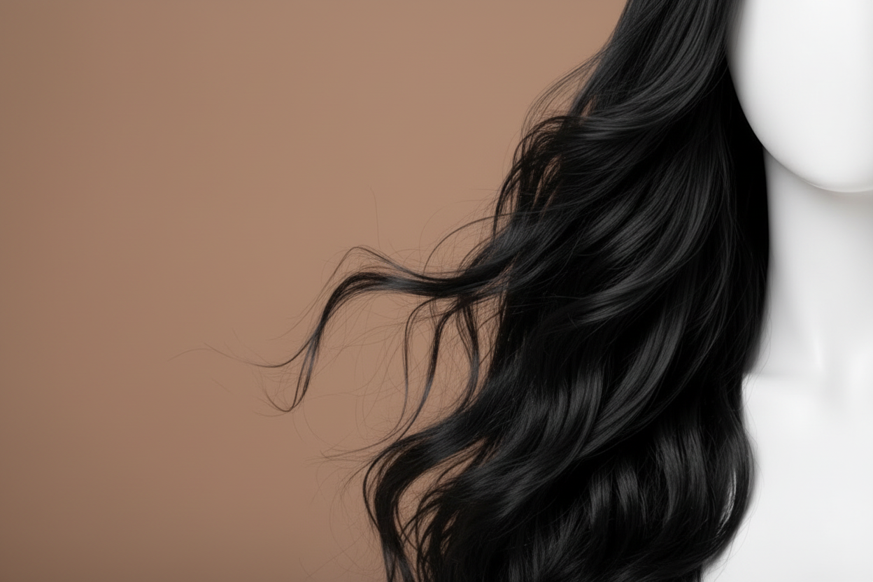 Black wig on a mannequin head against a pink background